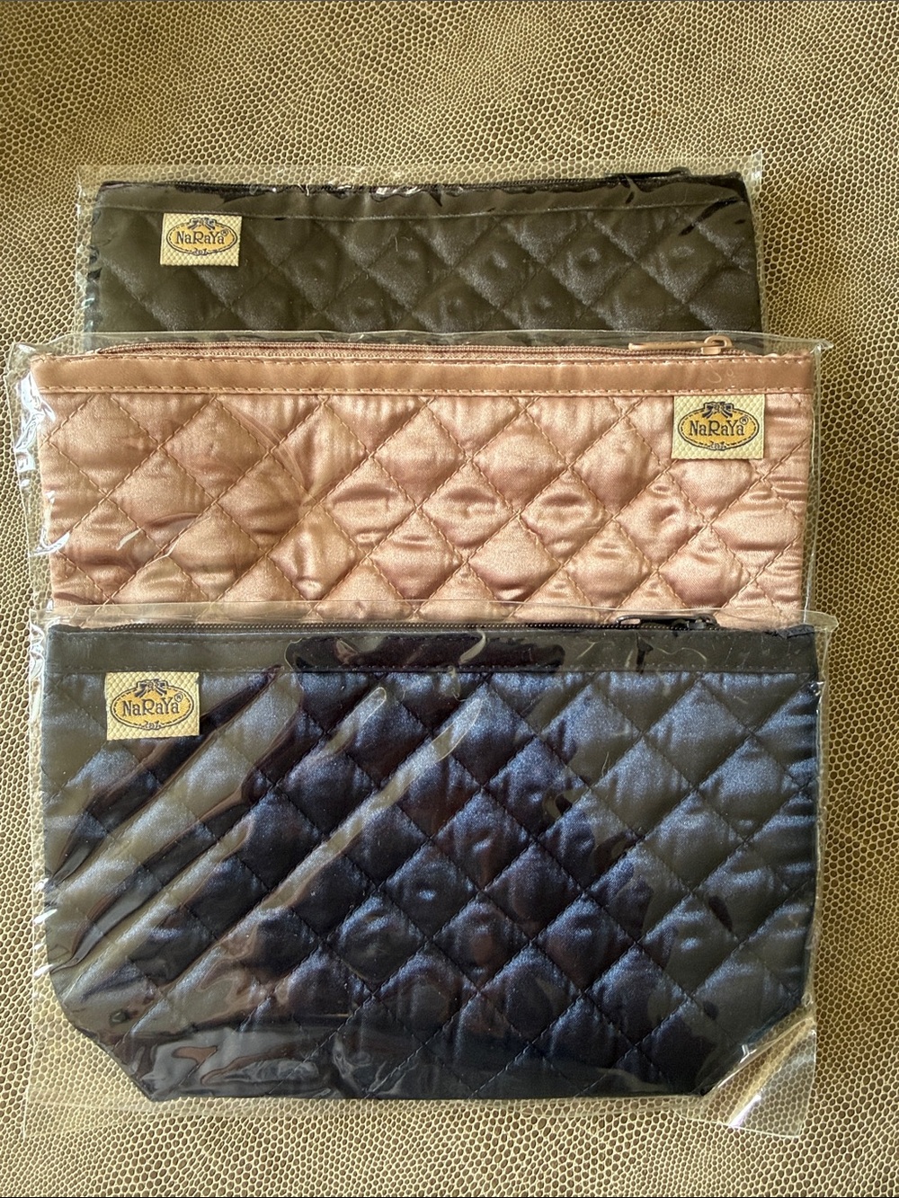Quilted Cosmetic Pouch Set (3) - Black, Blush Pink, Navy Blue